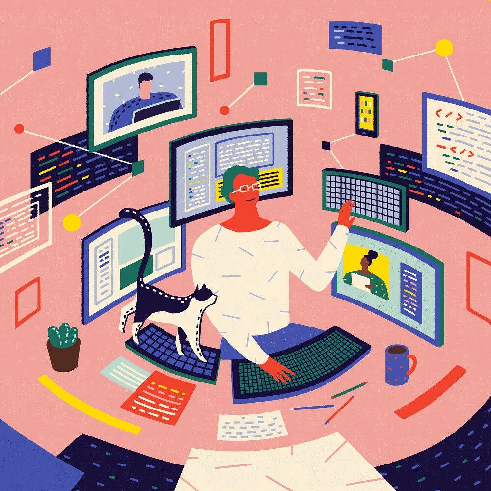 Stylised illustration of a person using computers